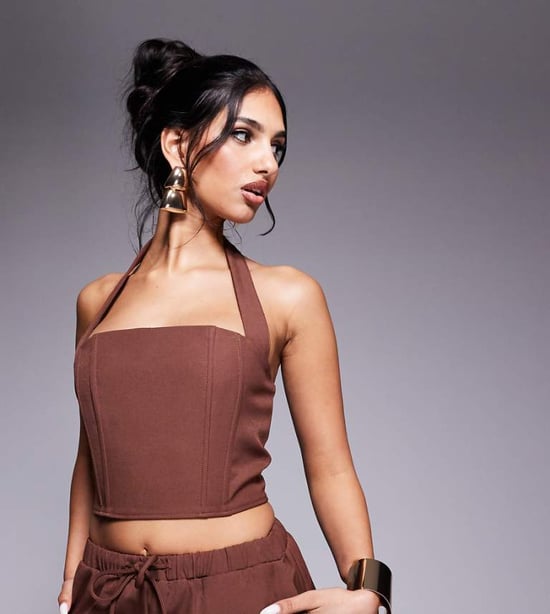 Kaiia exclusive lace up back halterneck top co-ord in chocolate - Image 1