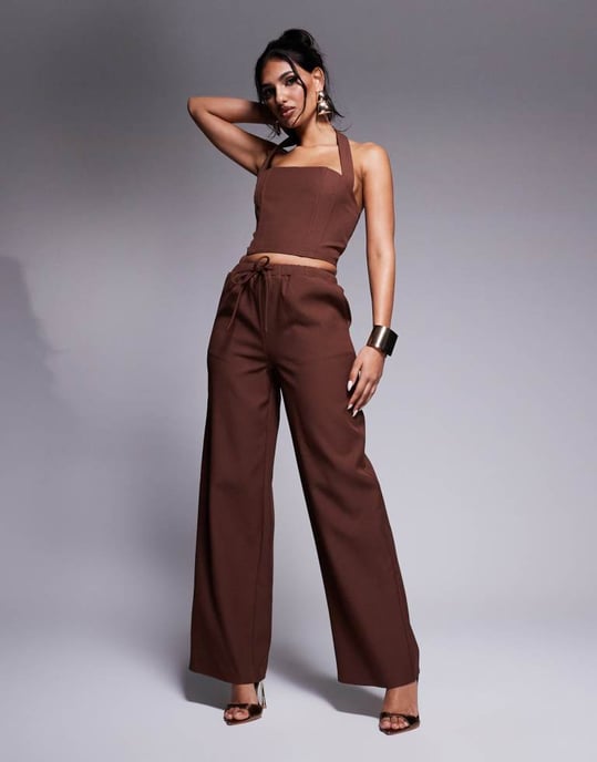 Kaiia exclusive lace up back halterneck top co-ord in chocolate - Image 2