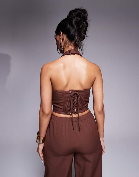 Kaiia exclusive lace up back halterneck top co-ord in chocolate - Image 3