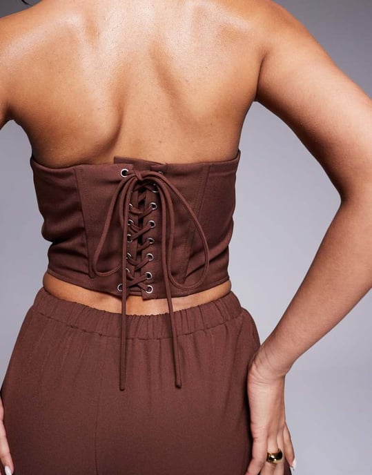 Kaiia exclusive lace up back halterneck top co-ord in chocolate - Image 4