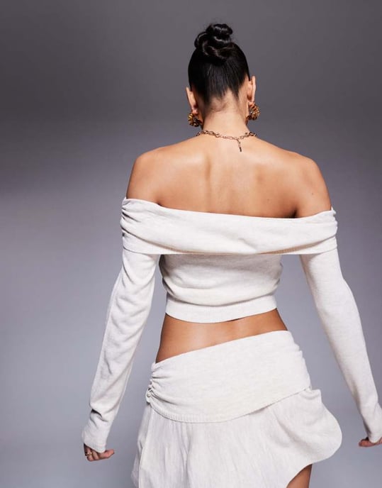 Missyempire fine knit fold over bardot top co-ord in beige - Image 4
