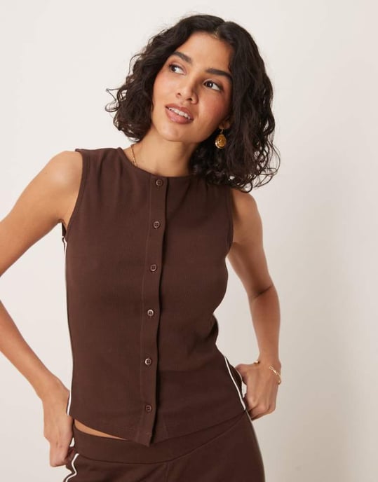 ASOS DESIGN co-ord crew neck button up top with contrast piping in brown - Image 1