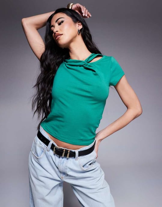ASOS DESIGN short sleeve t-shirt with twist detail in green - Image 1