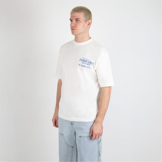 Men's Criminal Damage Oversize Fit Lettering Crew Neck T-Shirt in Off White - Image 2