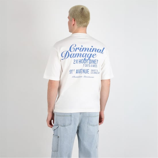 Men's Criminal Damage Oversize Fit Lettering Crew Neck T-Shirt in Off White - Image 4
