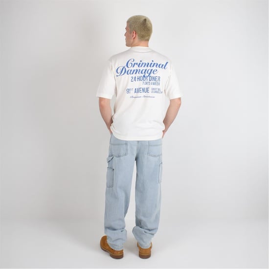Men's Criminal Damage Oversize Fit Lettering Crew Neck T-Shirt in Off White - Image 6