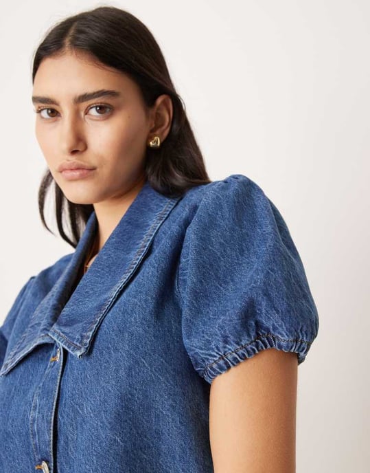 ASOS DESIGN collared shirt with puff sleeves in mid blue - Image 3