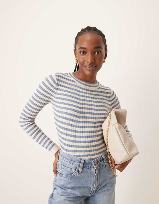 Pieces chunky ribbed knit long sleeve top in denim blue stripe - Image 1