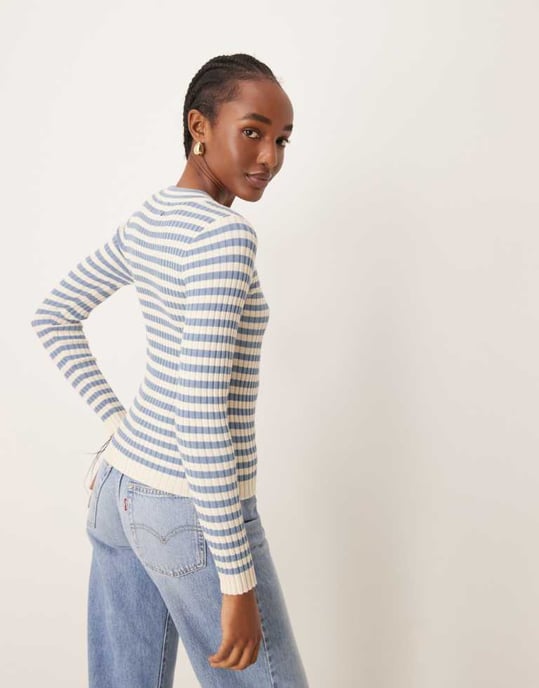 Pieces chunky ribbed knit long sleeve top in denim blue stripe - Image 2