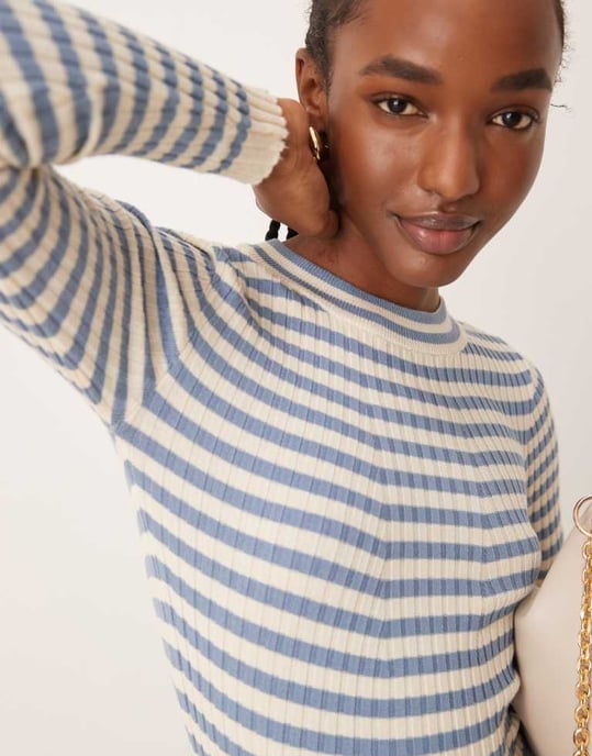 Pieces chunky ribbed knit long sleeve top in denim blue stripe - Image 3