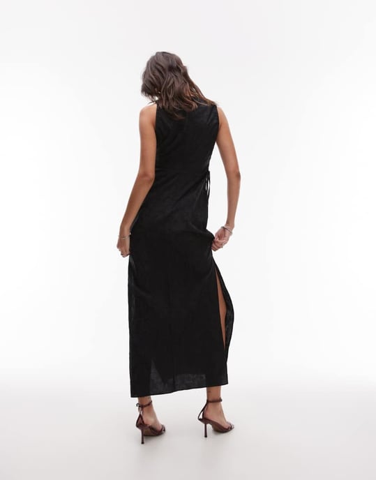 Topshop slitsad hals draperad sidmaxiklänning i svart jacquard - Image 4