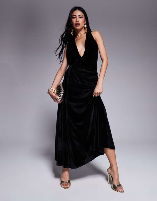 ASOS DESIGN sammet midi klänning med djup urringning och draperat bälte i svart - Image 1
