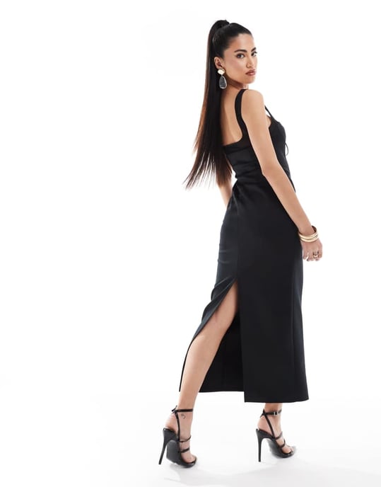 ASOS DESIGN midi klänning med genomskinliga kupor och snörning i svart - Image 4