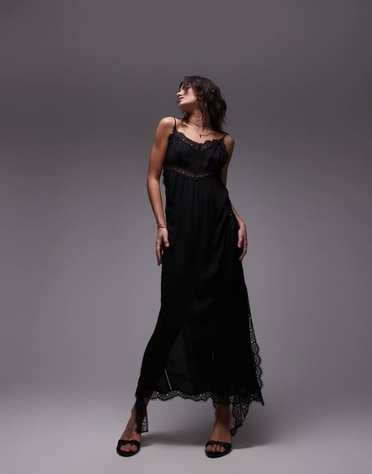 Topshop lace trim black midi dress in black technical fabric - Image 1