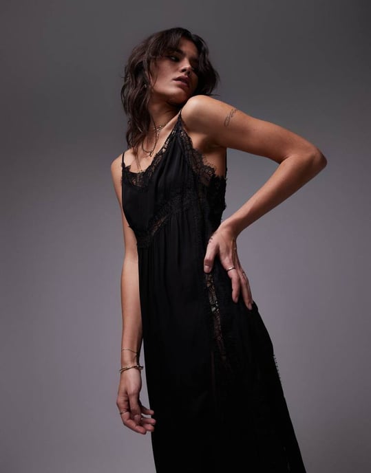 Topshop lace trim black midi dress in black technical fabric - Image 2