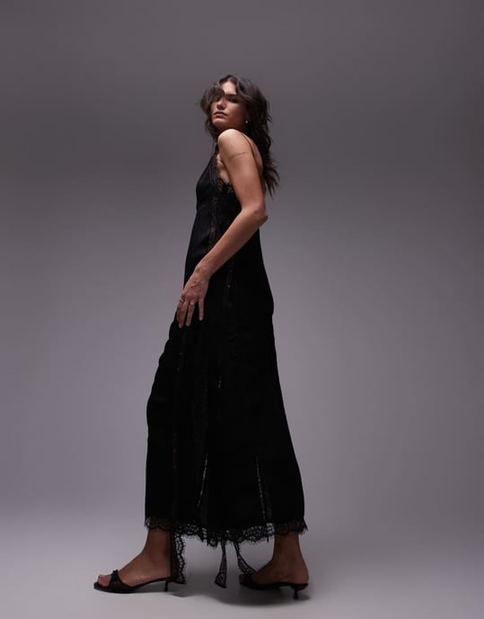 Topshop lace trim black midi dress in black technical fabric - Image 3