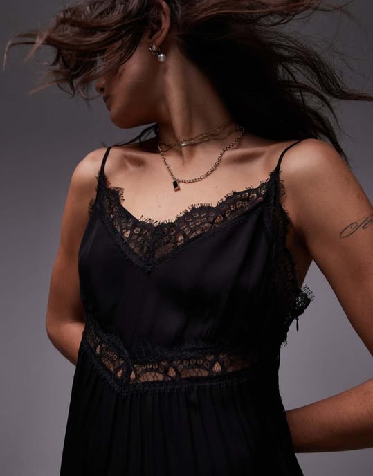 Topshop lace trim black midi dress in black technical fabric - Image 4