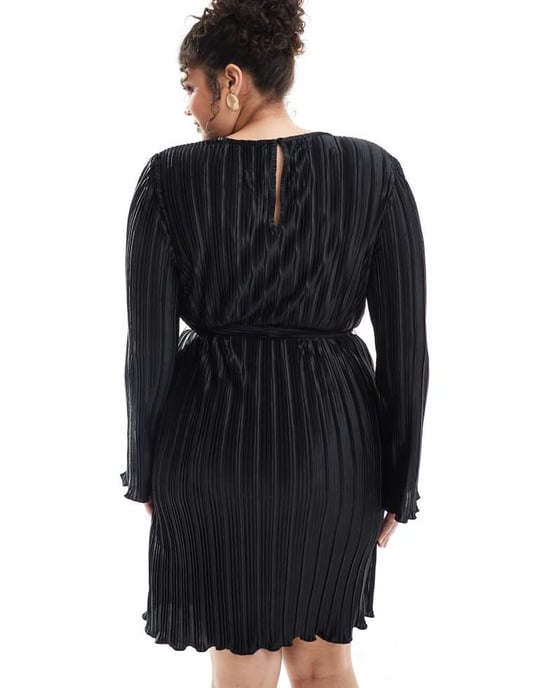 Vero Moda Curve plisserad mini klänning med knytmidja i svart - Image 2