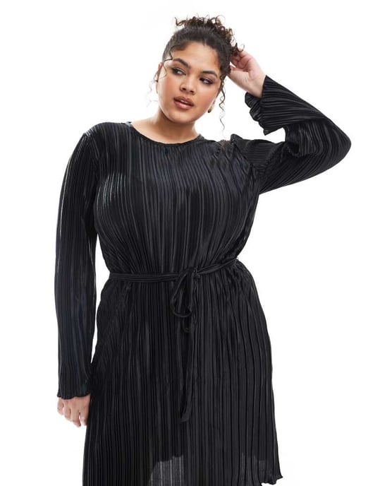 Vero Moda Curve plisserad mini klänning med knytmidja i svart - Image 3