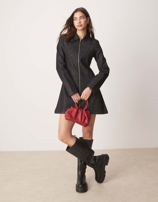 ASOS DESIGN dragkedja fram denim skjortklänning i svart ecru - Image 3