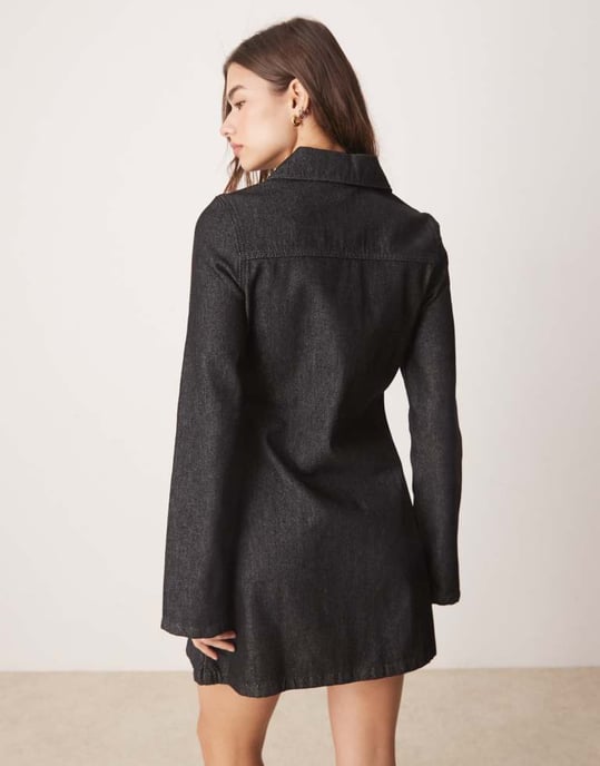 ASOS DESIGN dragkedja fram denim skjortklänning i svart ecru - Image 4