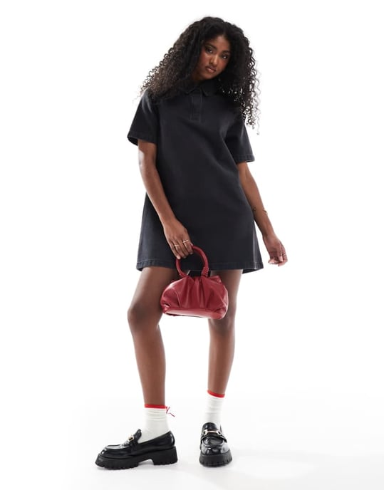 ASOS DESIGN denim poloklänning i tvättad svart - Image 1