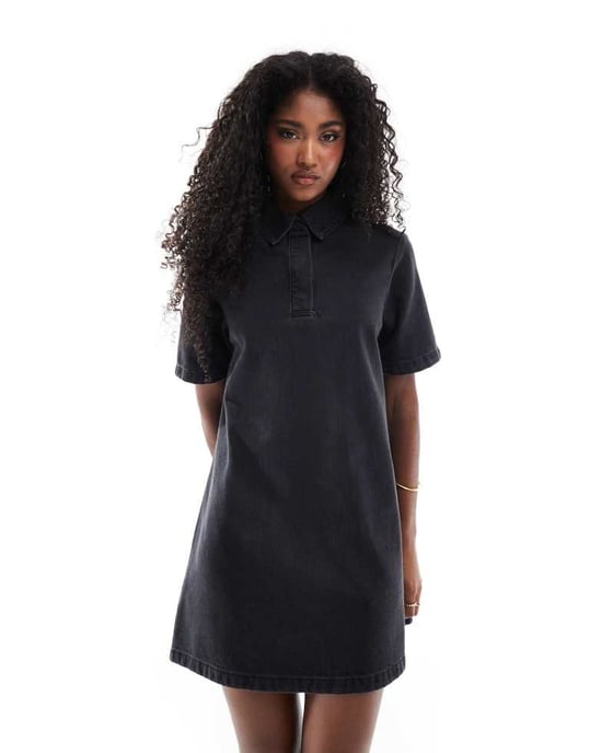 ASOS DESIGN denim poloklänning i tvättad svart - Image 2