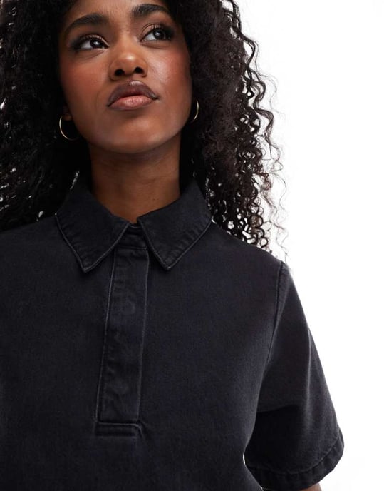 ASOS DESIGN denim poloklänning i tvättad svart - Image 3