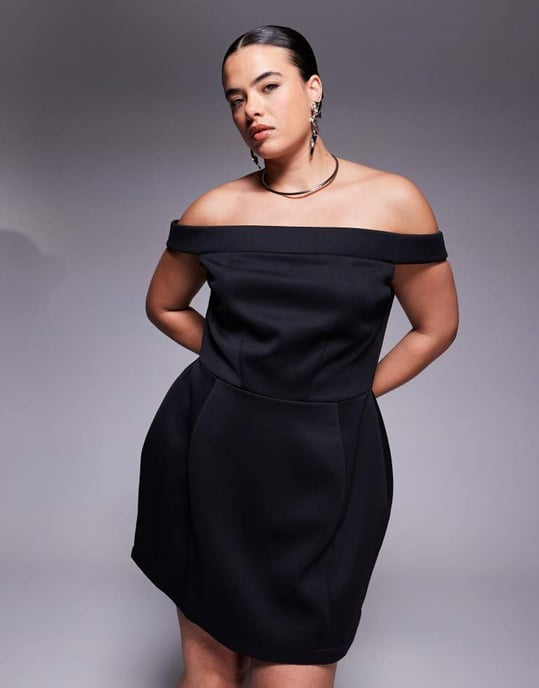 ASOS DESIGN Curve nedvändig Bardot mini-klänning i svart i scuba-liknande tyg - Image 3