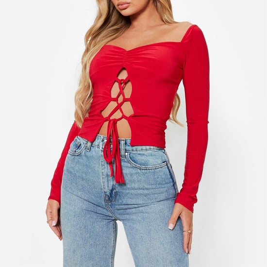 Women's I Saw It First Lace Up Ruched Bust Double Layered Crop Top in RED - Image 3