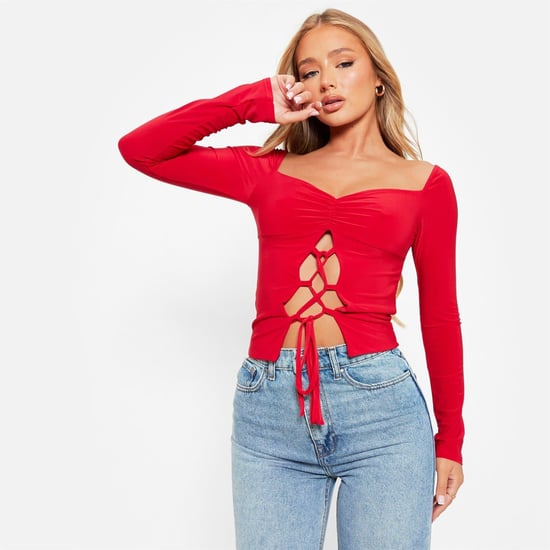 Women's I Saw It First Lace Up Ruched Bust Double Layered Crop Top in RED - Image 4