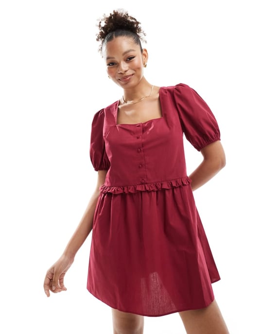 ASOS DESIGN poplin volang midja smockklänning i oxblod - Image 2
