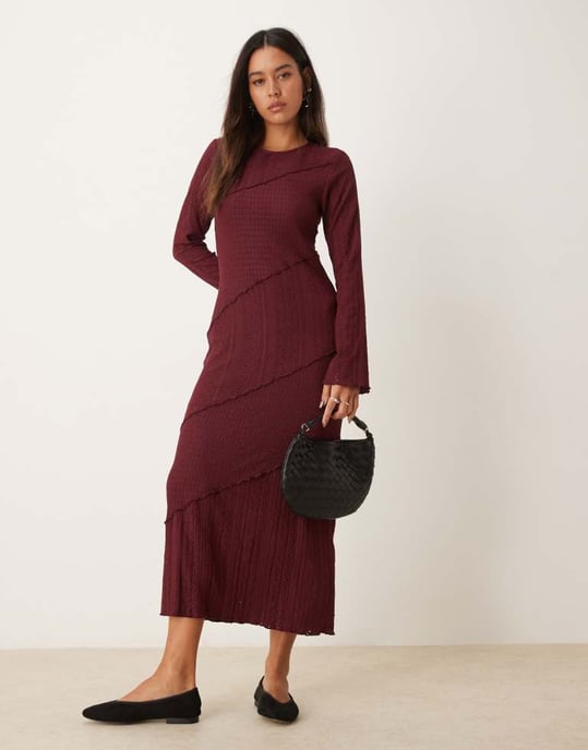 Miss Selfridge blandad textur långärmad klänning i vinröd - Image 3