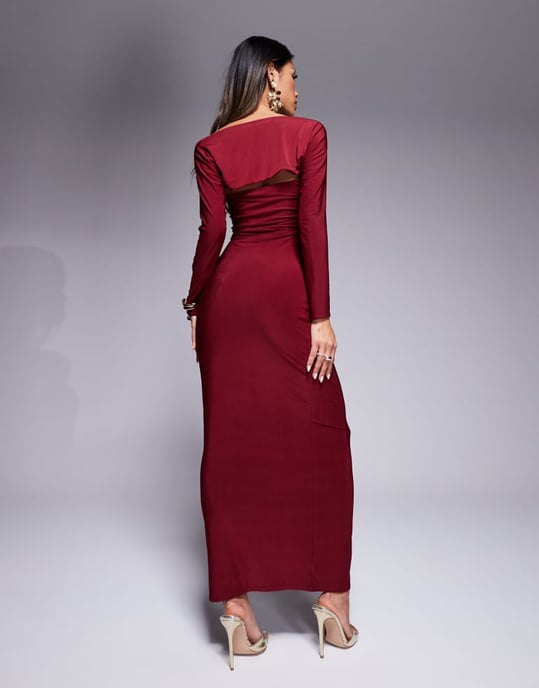 Kaiia exklusiv dubbel lager slinky bandeau maxiklänning med långärmad bolero i bordeaux - Image 4