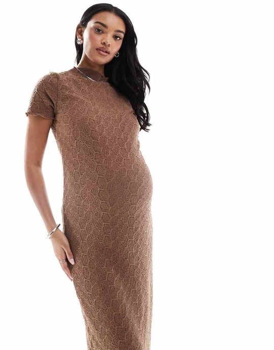 Mamalicious texturerad jerseykjol midi med salladskant i brunt - Image 4