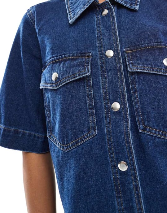 ENDAST Petite kortärmad denimklänning i mörk tvättblå - Image 2