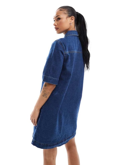 ENDAST Petite kortärmad denimklänning i mörk tvättblå - Image 3