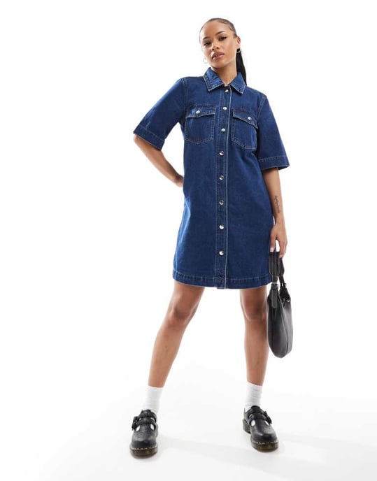 ENDAST Petite kortärmad denimklänning i mörk tvättblå - Image 4