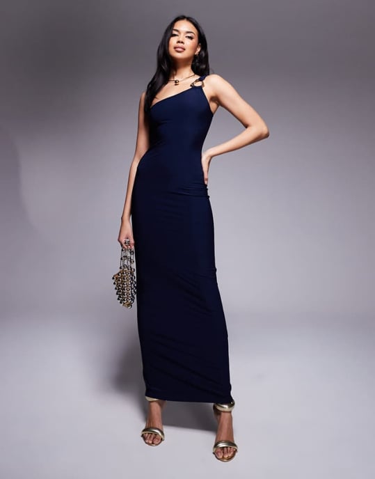 Kaiia exclusive double layered slinky one shoulder metal ring detail maxi dress in navy - Image 1
