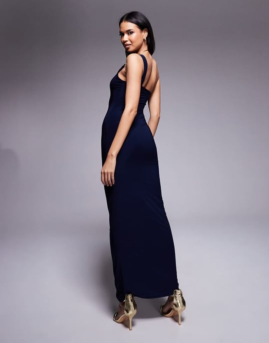 Kaiia exclusive double layered slinky one shoulder metal ring detail maxi dress in navy - Image 3
