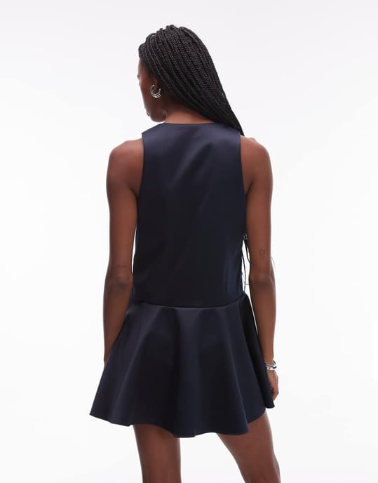 ASOS DESIGN satinvänlig kjol med rund halsringning i marinblått miniklänning - Image 4