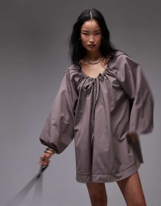 Topshop trapezklänning i brunt rutmönster - Image 3