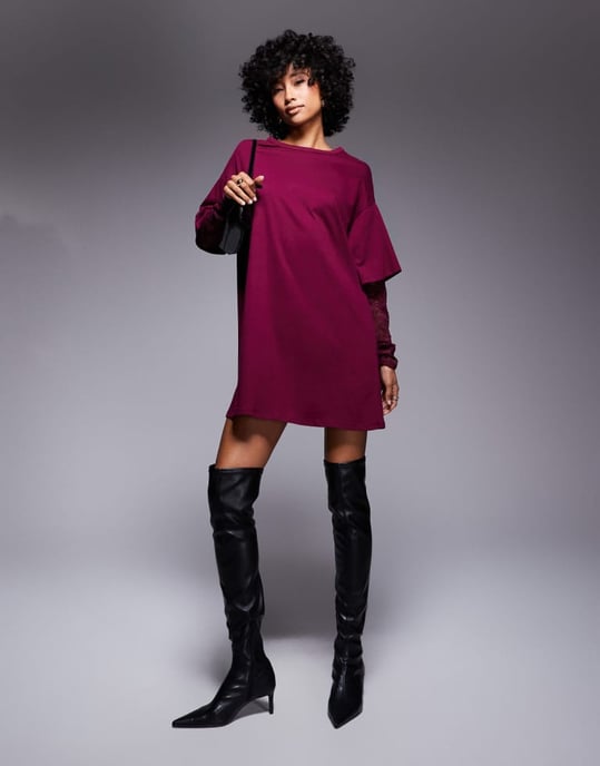 ASOS DESIGN långärmad t-shirtklänning med spetsärmar i vinröd - Image 2