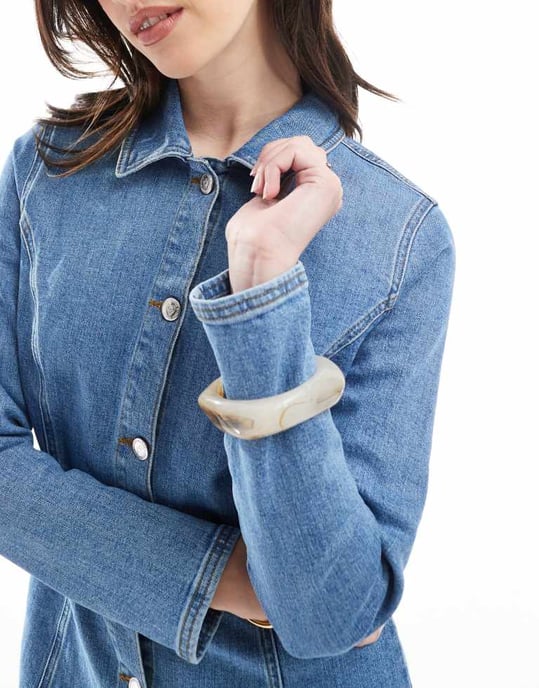 Miss Selfridge sömsömnadsdetaljer stretch denim passform och flared långärmad mini-klänning - Image 3