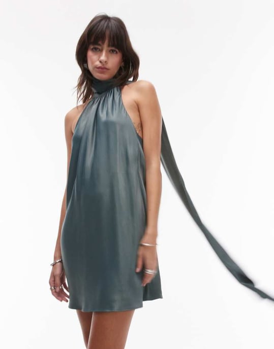 Topshop halterneck scarfdetalj mini klänning i petrol - Image 2
