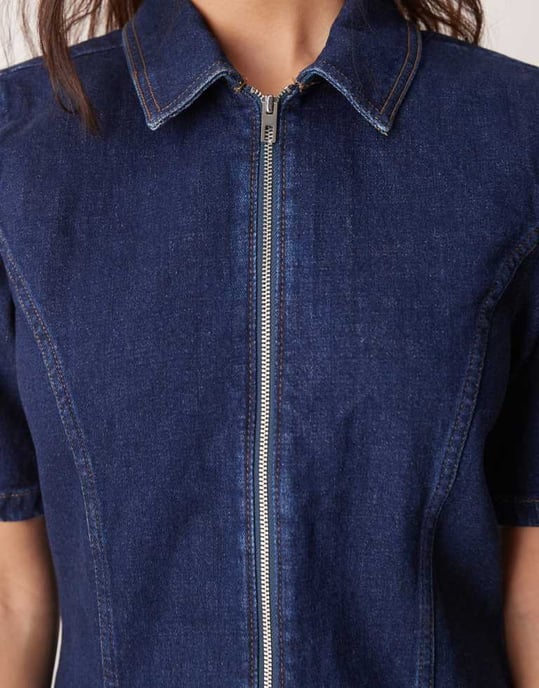 Abercrombie & Fitch denim zip detail mini aline skater dress in blue wash - Image 3