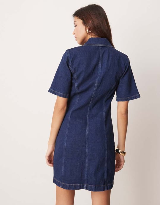 Abercrombie & Fitch denim zip detail mini aline skater dress in blue wash - Image 4