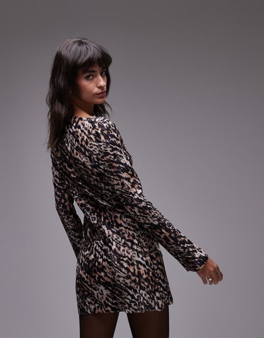 Topshop plisserad långärmad mini klänning i leopardmönster - Image 3