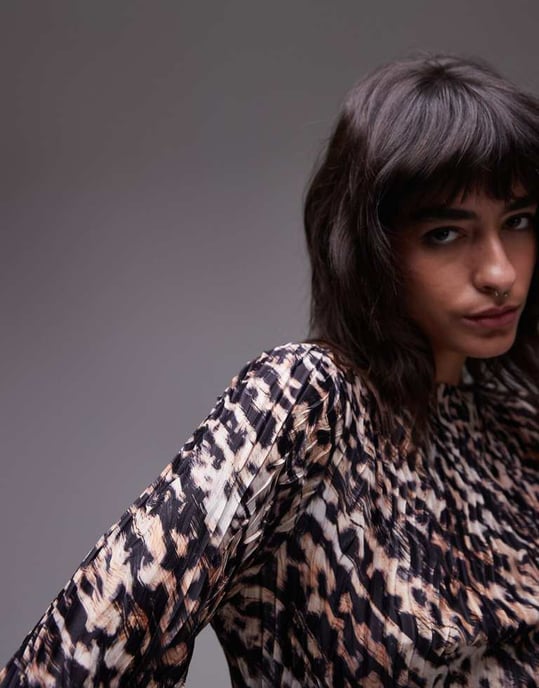Topshop plisserad långärmad mini klänning i leopardmönster - Image 4