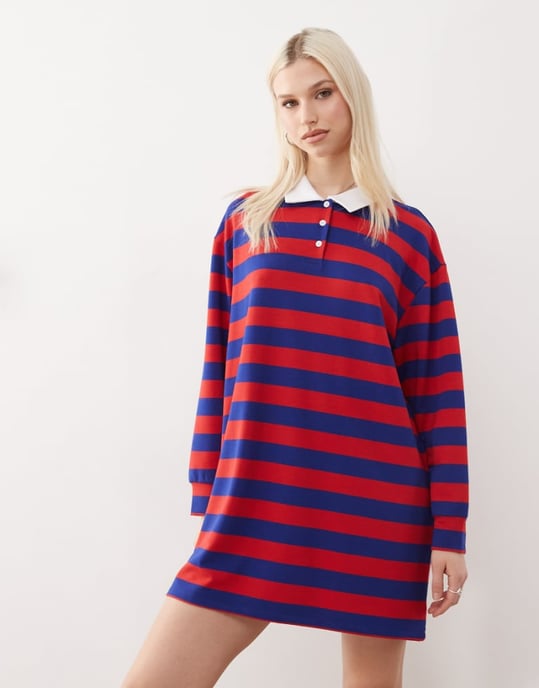 Vintage återvunnen polo krage mini klänning i randig - Image 1